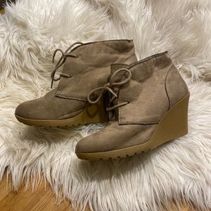 White Mountain Wedge Ankle Booties, Tan with lace